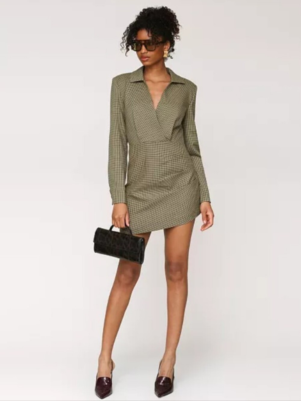 Avec Les Filles Checked Mini Dress Olive Black Brown Tan